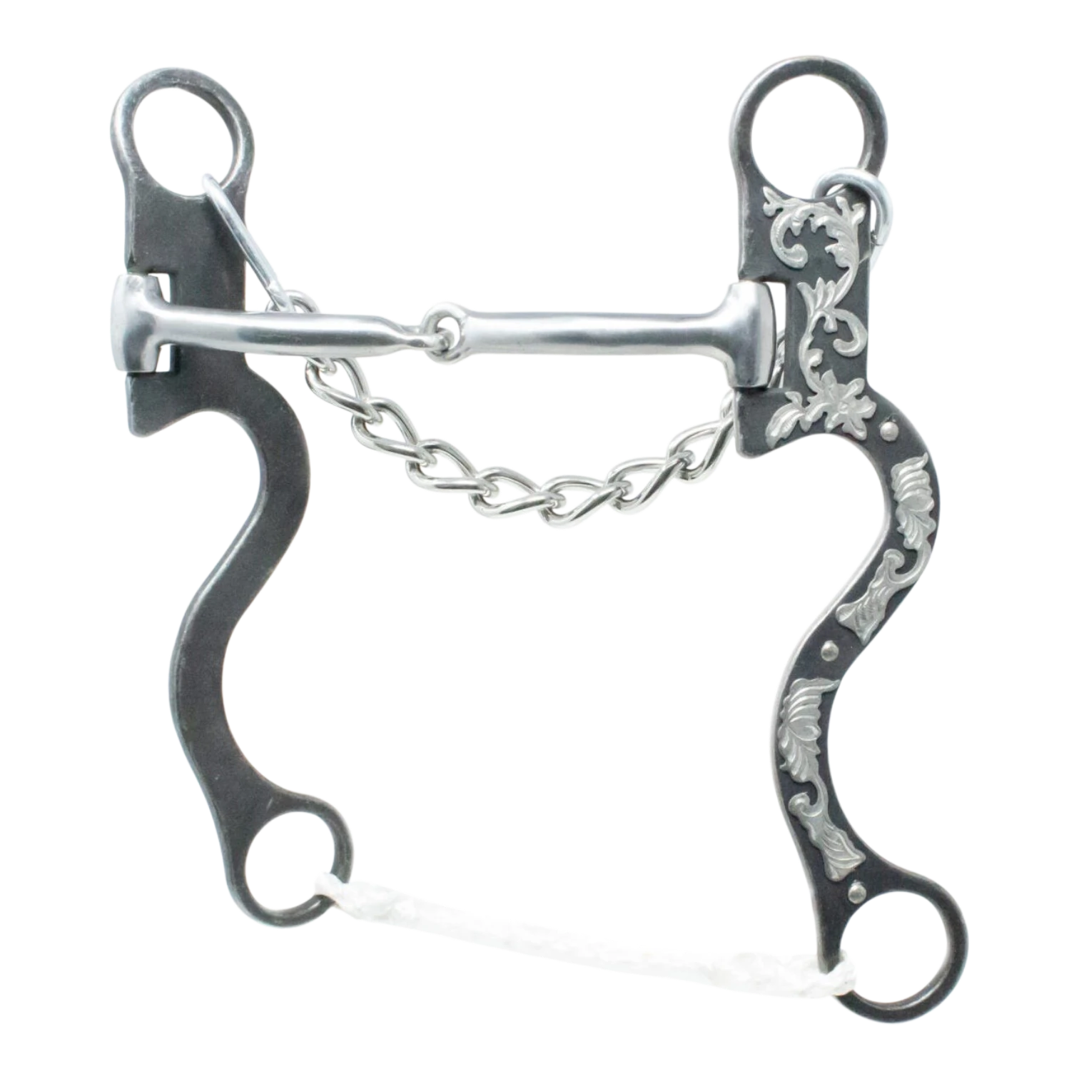 Lone Star Ropes Walt Woodard Legend Collection snaffle bit in dark grey steel with floral trim and curb chain