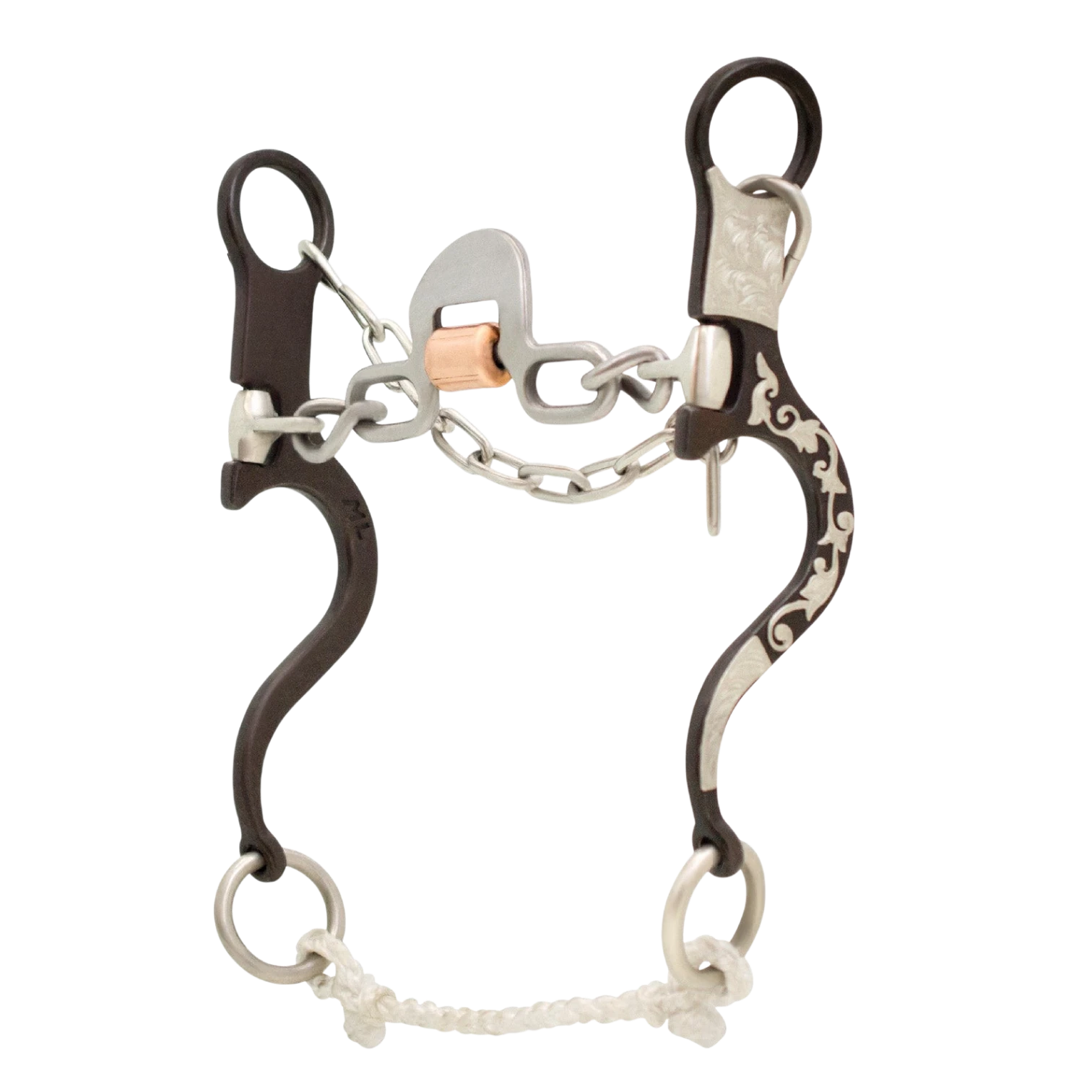 Lone Star Ropes Tyler Magnus loose ring chain spoon bit with antique finish, silver floral trim, and copper cricket.
