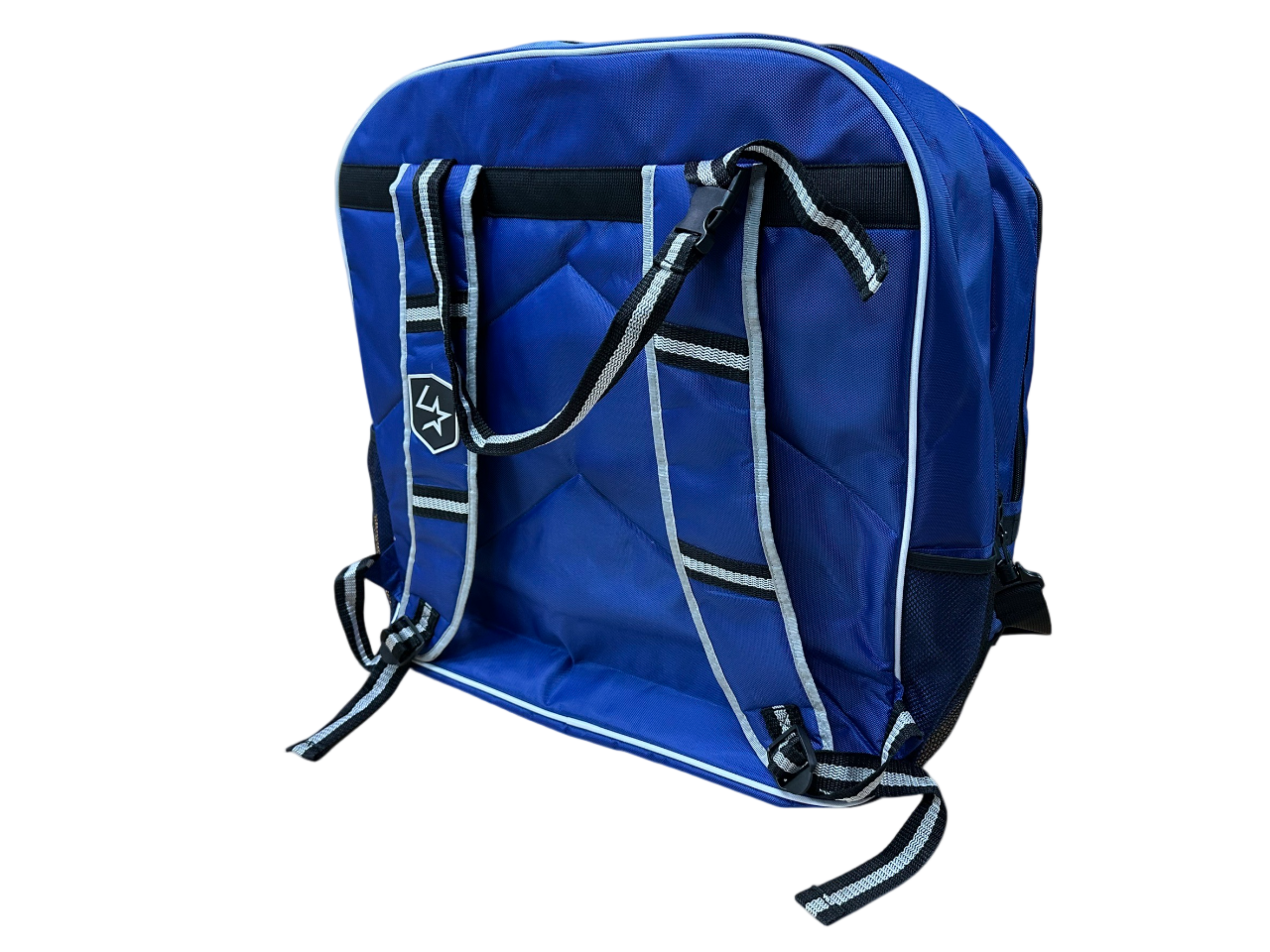 Blue backpack with black straps on a white background